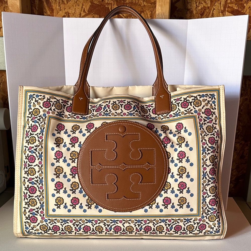 Floral Patterned Tory Burch Ella Tote Bag with Brown Leather